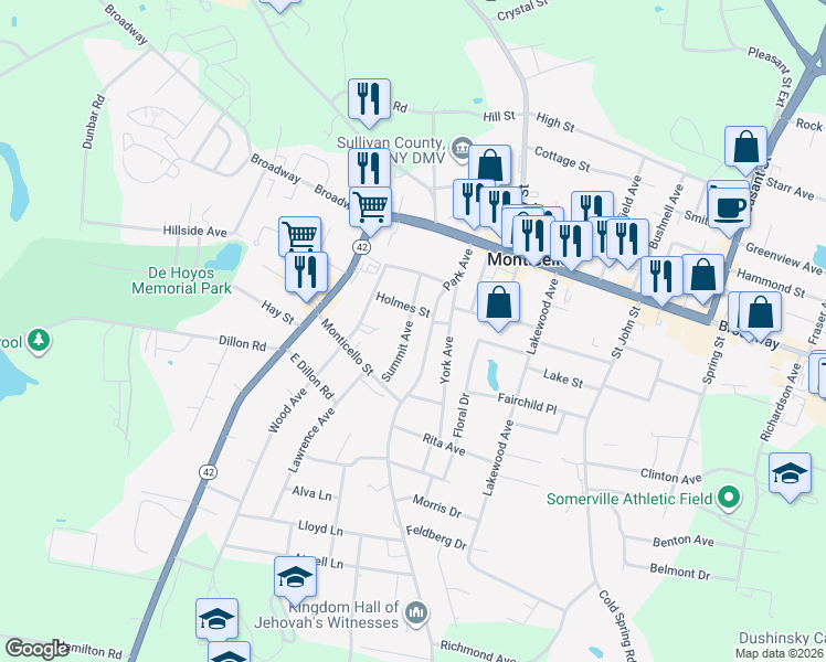 map of restaurants, bars, coffee shops, grocery stores, and more near 19 Summit Avenue in Monticello