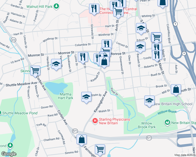 map of restaurants, bars, coffee shops, grocery stores, and more near 38 Kimball Drive in New Britain