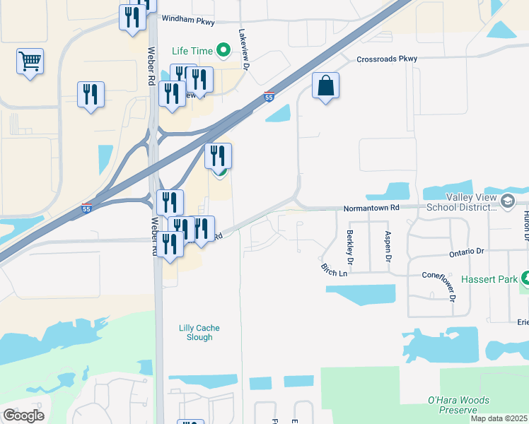 map of restaurants, bars, coffee shops, grocery stores, and more near 20592 Normantown Road in Romeoville