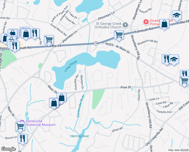 map of restaurants, bars, coffee shops, grocery stores, and more near 60 Pond View Drive in Barnstable