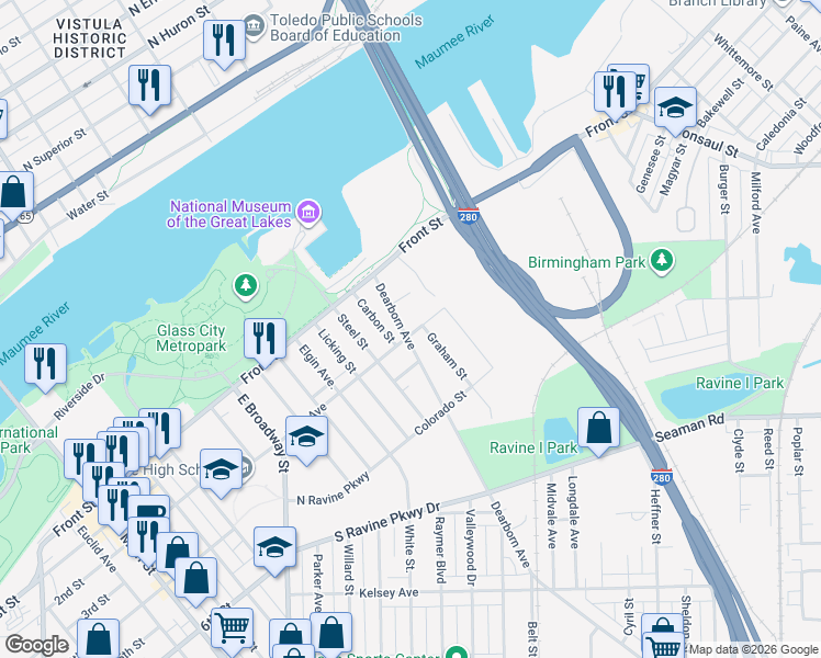 map of restaurants, bars, coffee shops, grocery stores, and more near 167 Dearborn Avenue in Toledo