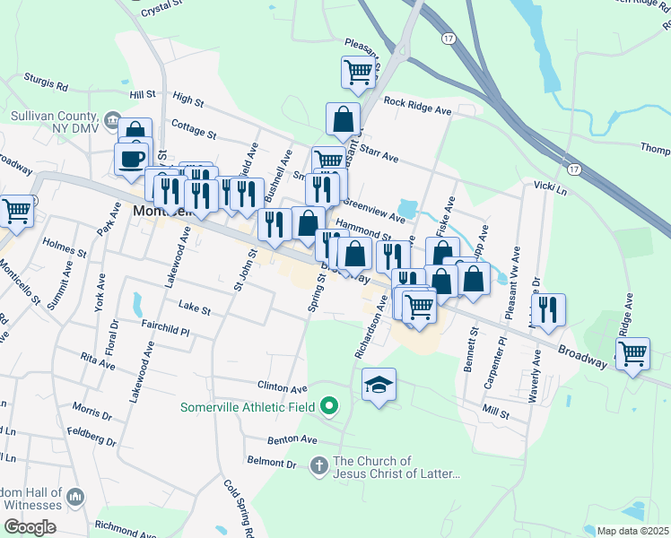map of restaurants, bars, coffee shops, grocery stores, and more near 369 Broadway in Monticello