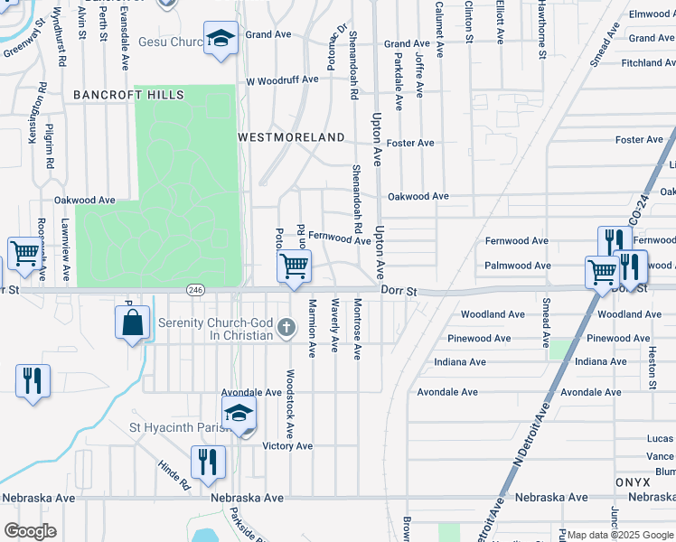 map of restaurants, bars, coffee shops, grocery stores, and more near 1320 Waverly Avenue in Toledo