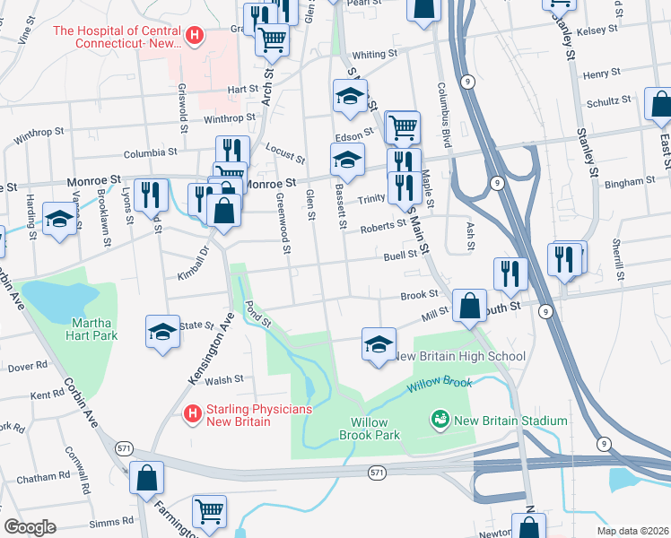 map of restaurants, bars, coffee shops, grocery stores, and more near 120 Buell Street in New Britain