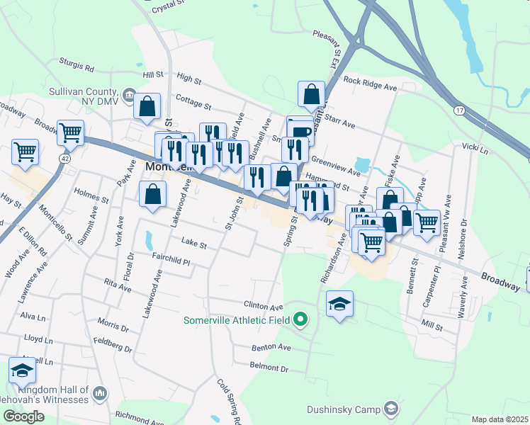 map of restaurants, bars, coffee shops, grocery stores, and more near 397 Broadway in Monticello