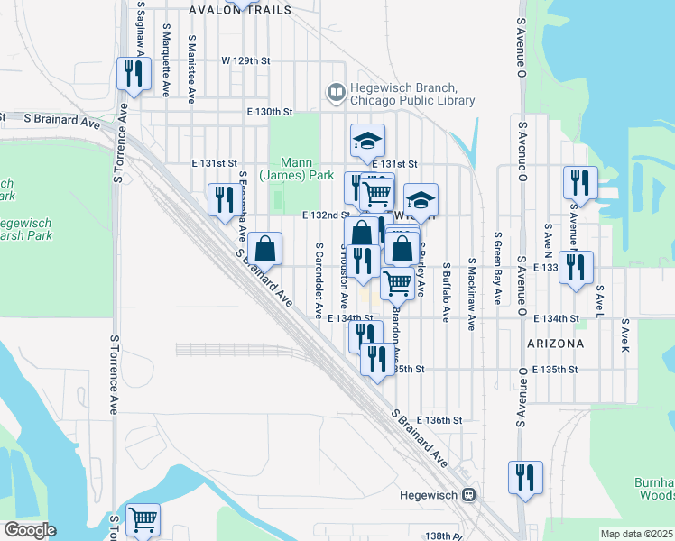 map of restaurants, bars, coffee shops, grocery stores, and more near 13300 South Houston Avenue in Chicago