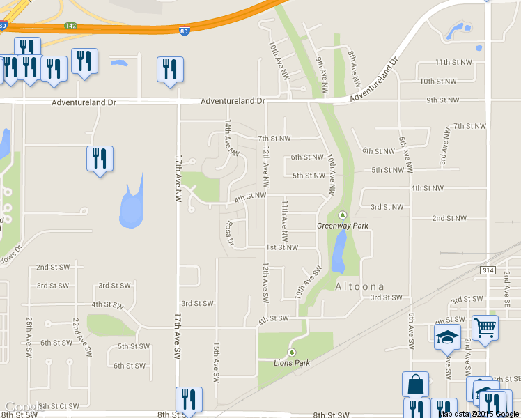 map of restaurants, bars, coffee shops, grocery stores, and more near 300 12th Avenue Northwest in Altoona