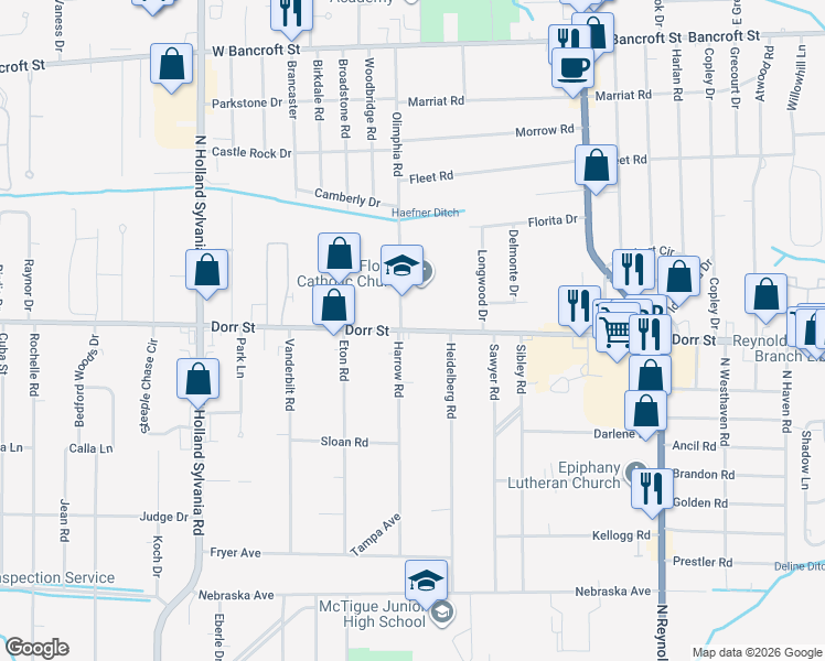 map of restaurants, bars, coffee shops, grocery stores, and more near 5585 Dorr Street in Toledo