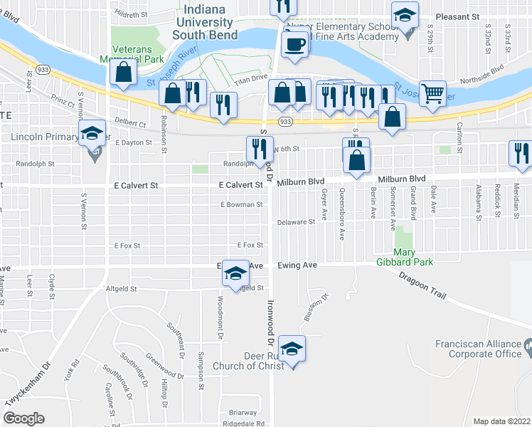 map of restaurants, bars, coffee shops, grocery stores, and more near 2011 South Ironwood Drive in South Bend