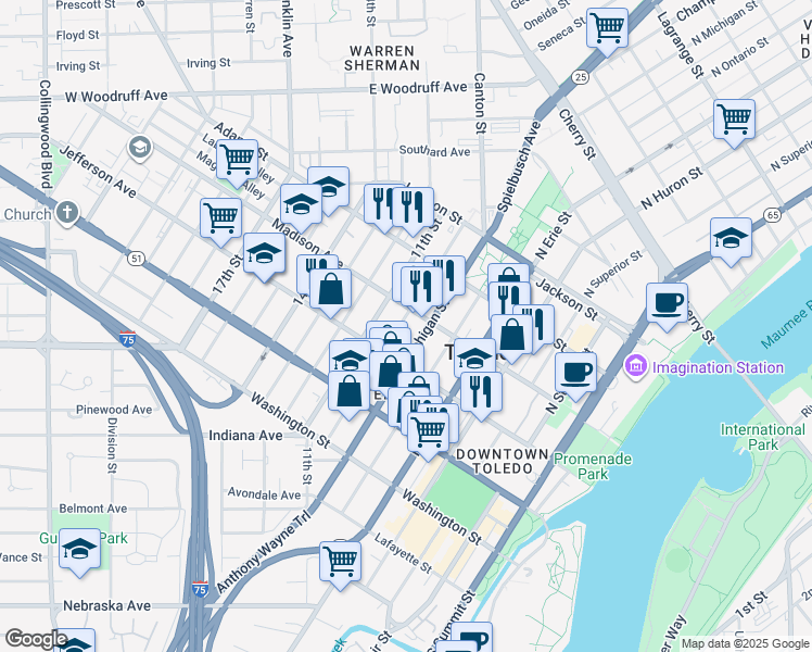 map of restaurants, bars, coffee shops, grocery stores, and more near 226 10th Street in Toledo