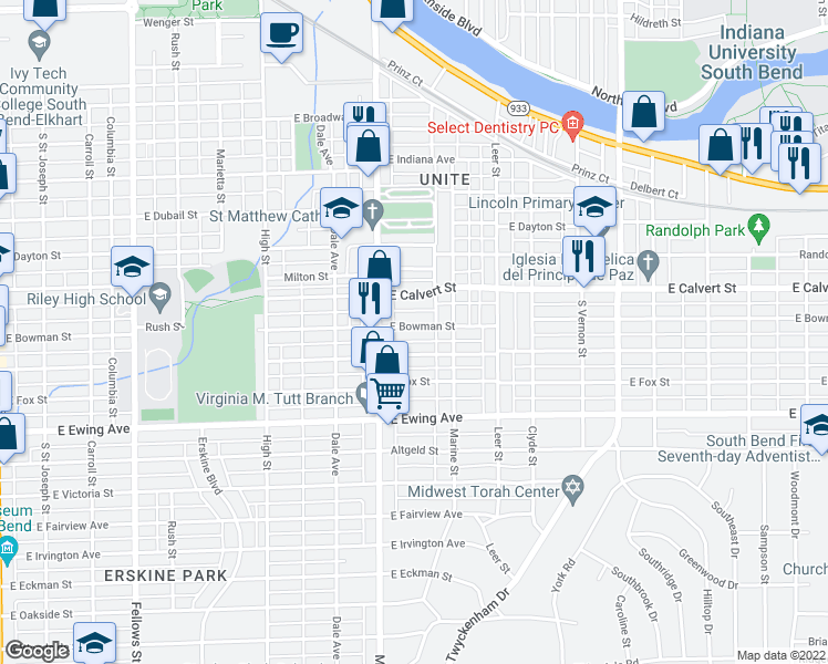 map of restaurants, bars, coffee shops, grocery stores, and more near 1132 East Bowman Street in South Bend