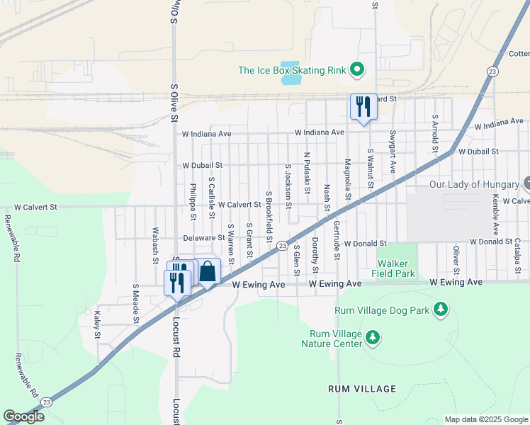 map of restaurants, bars, coffee shops, grocery stores, and more near 1914 South Brookfield Street in South Bend