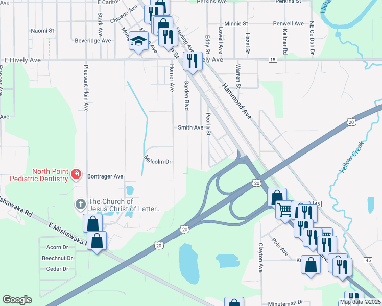 map of restaurants, bars, coffee shops, grocery stores, and more near 3200 Garden Boulevard in Elkhart