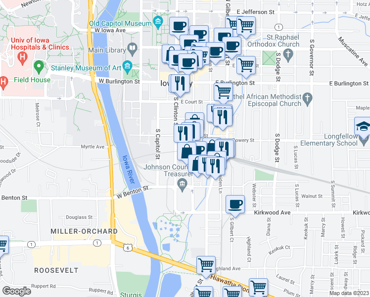 map of restaurants, bars, coffee shops, grocery stores, and more near 115 Wright St in Iowa City