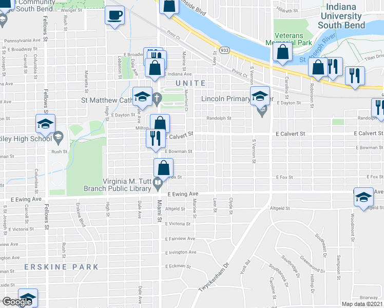 map of restaurants, bars, coffee shops, grocery stores, and more near 1168 East Bowman Street in South Bend