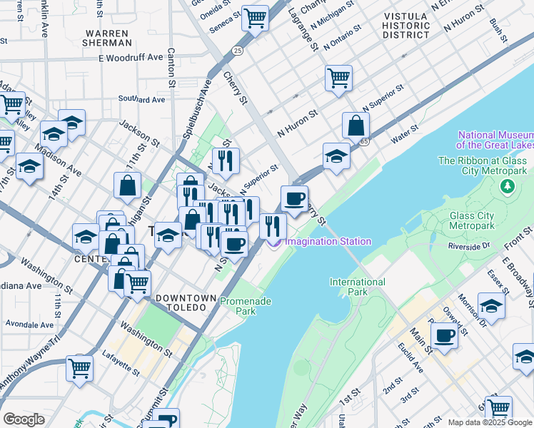 map of restaurants, bars, coffee shops, grocery stores, and more near 301 Jackson Street in Toledo