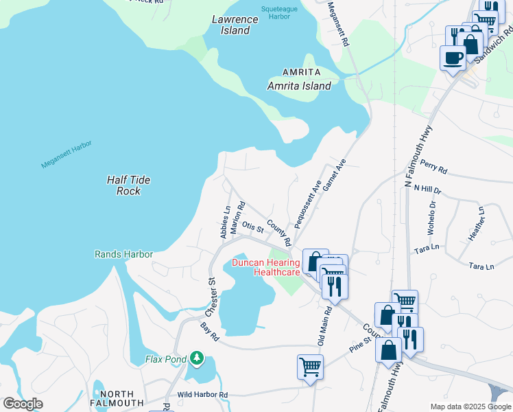 map of restaurants, bars, coffee shops, grocery stores, and more near 181 County Road in Falmouth