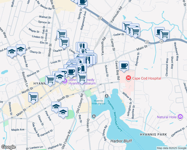 map of restaurants, bars, coffee shops, grocery stores, and more near 43 Pleasant Street in Barnstable