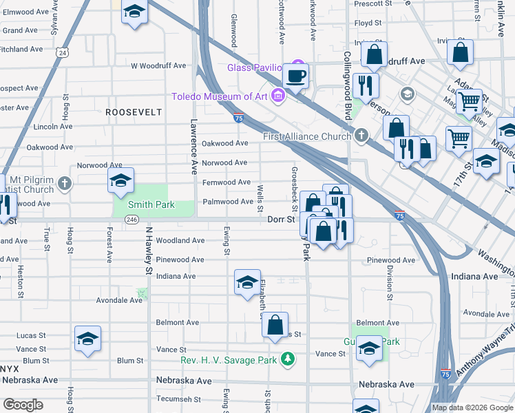 map of restaurants, bars, coffee shops, grocery stores, and more near 703 Palmwood Avenue in Toledo