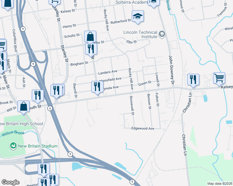 map of restaurants, bars, coffee shops, grocery stores, and more near 384 South Street in New Britain