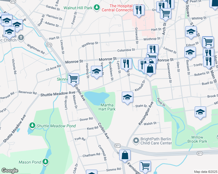 map of restaurants, bars, coffee shops, grocery stores, and more near 172 Shuttle Meadow Avenue in New Britain