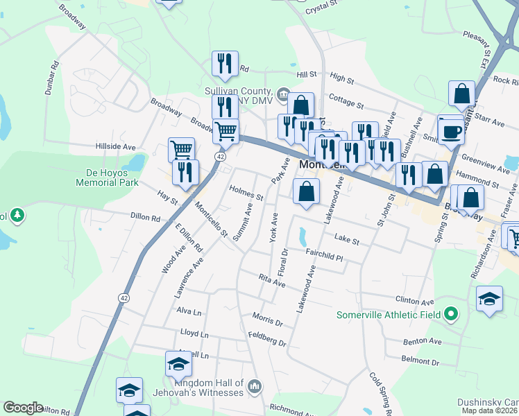 map of restaurants, bars, coffee shops, grocery stores, and more near 19 Summit Avenue in Monticello
