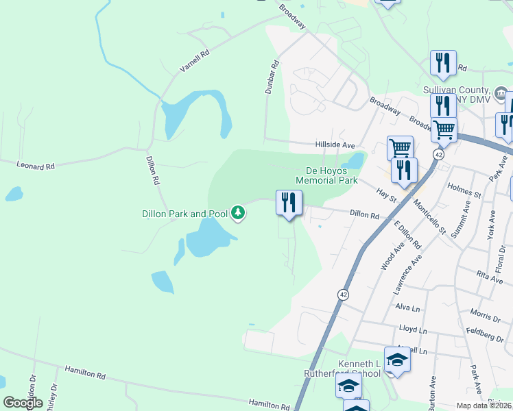 map of restaurants, bars, coffee shops, grocery stores, and more near 121 Dillon Road in Monticello