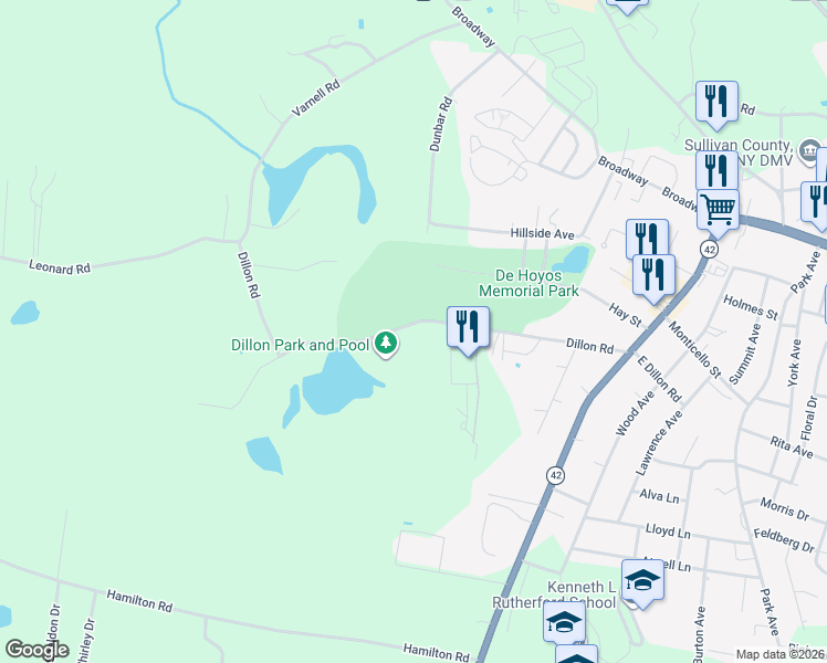 map of restaurants, bars, coffee shops, grocery stores, and more near 121 Dillon Road in Monticello