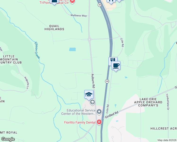 map of restaurants, bars, coffee shops, grocery stores, and more near 7980 Auburn Road in Painesville