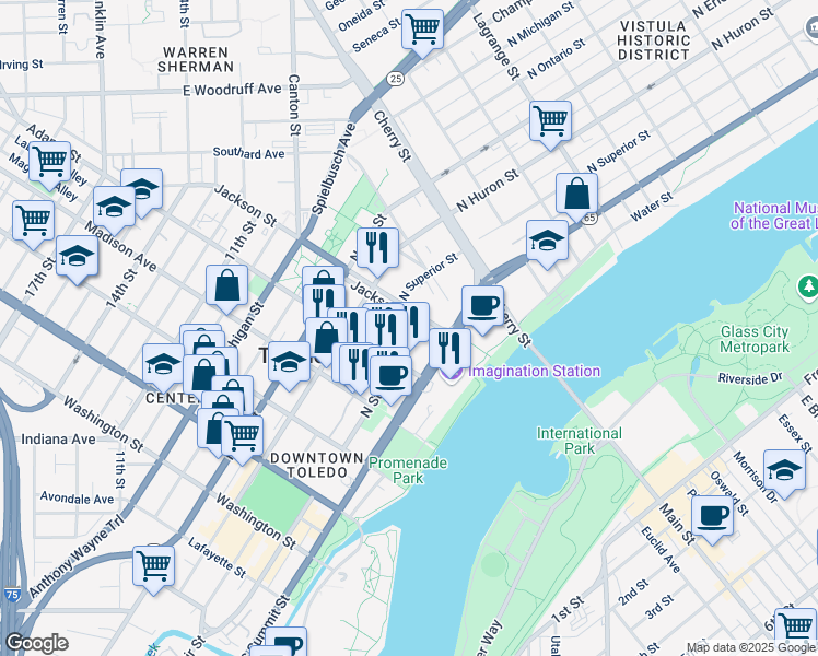 map of restaurants, bars, coffee shops, grocery stores, and more near 425 North Saint Clair Street in Toledo