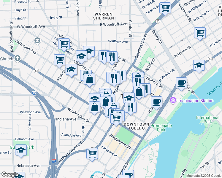 map of restaurants, bars, coffee shops, grocery stores, and more near in Toledo