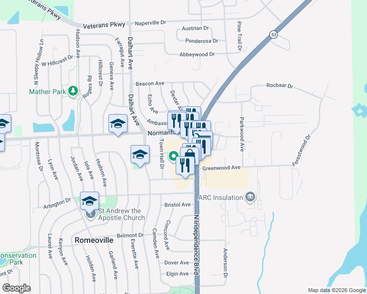 map of restaurants, bars, coffee shops, grocery stores, and more near 30 Phelps Avenue in Romeoville
