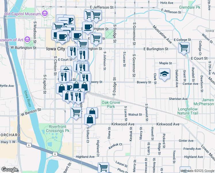 map of restaurants, bars, coffee shops, grocery stores, and more near 612 South Johnson Street in Iowa City