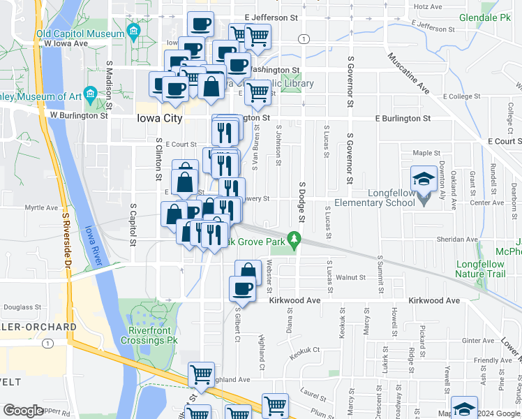 map of restaurants, bars, coffee shops, grocery stores, and more near 618 South Van Buren Street in Iowa City