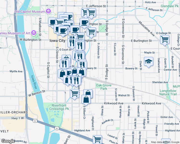 map of restaurants, bars, coffee shops, grocery stores, and more near 618 South Van Buren Street in Iowa City