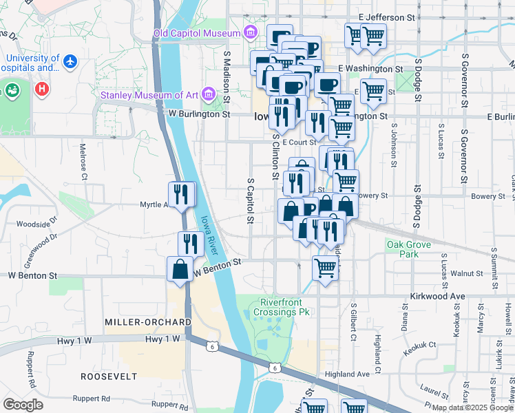 map of restaurants, bars, coffee shops, grocery stores, and more near 639 South Capitol Street in Iowa City