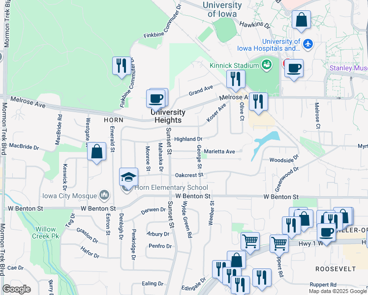 map of restaurants, bars, coffee shops, grocery stores, and more near 300 Grandview Court in Iowa City