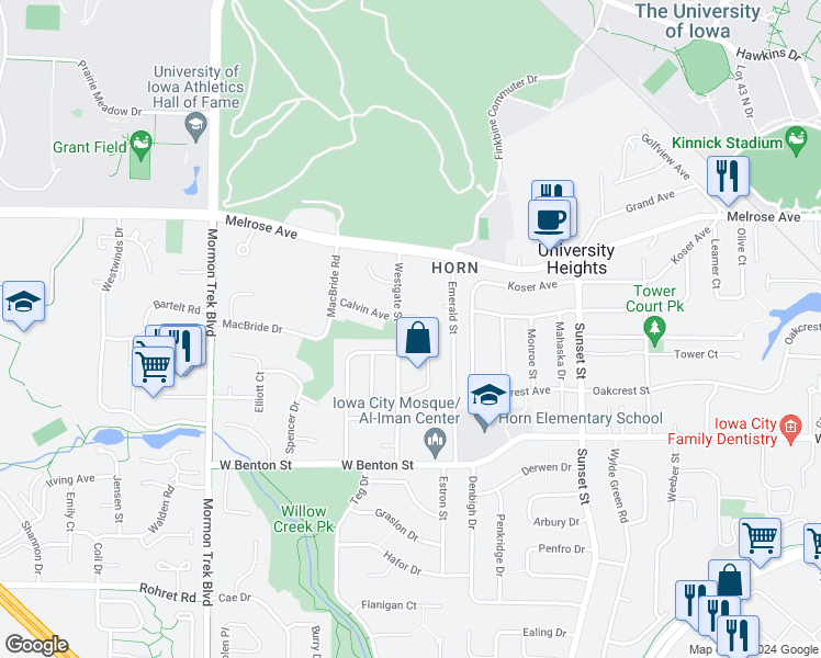 map of restaurants, bars, coffee shops, grocery stores, and more near 408 Westgate Street in Iowa City