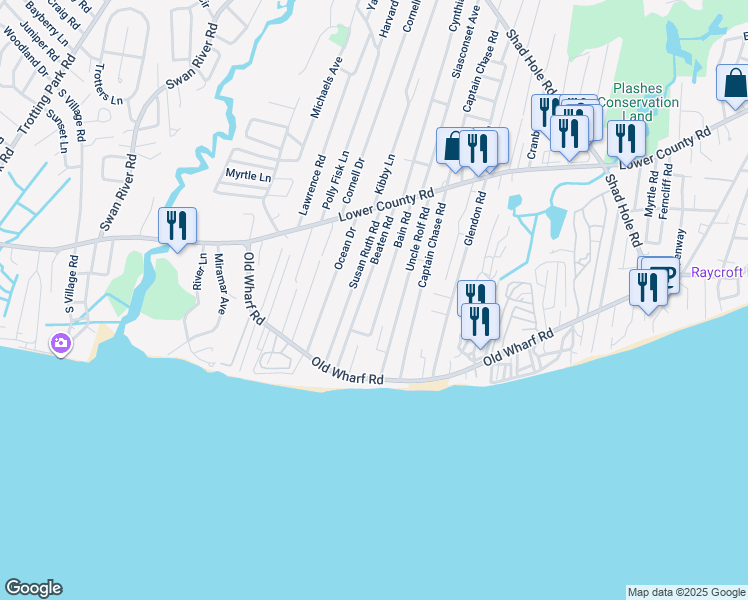 map of restaurants, bars, coffee shops, grocery stores, and more near 61 Bain Road in Dennis