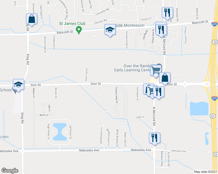 map of restaurants, bars, coffee shops, grocery stores, and more near 7053 Dorr Street in Toledo