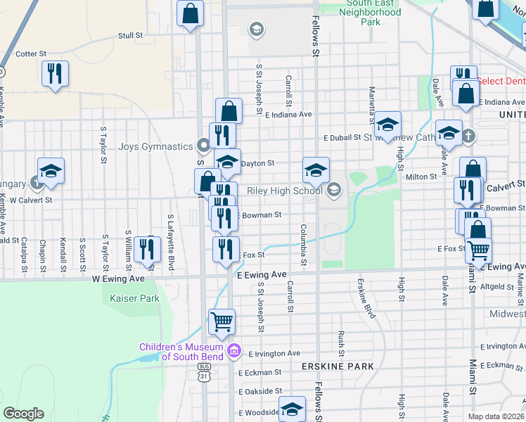 map of restaurants, bars, coffee shops, grocery stores, and more near 217 East Bowman Street in South Bend