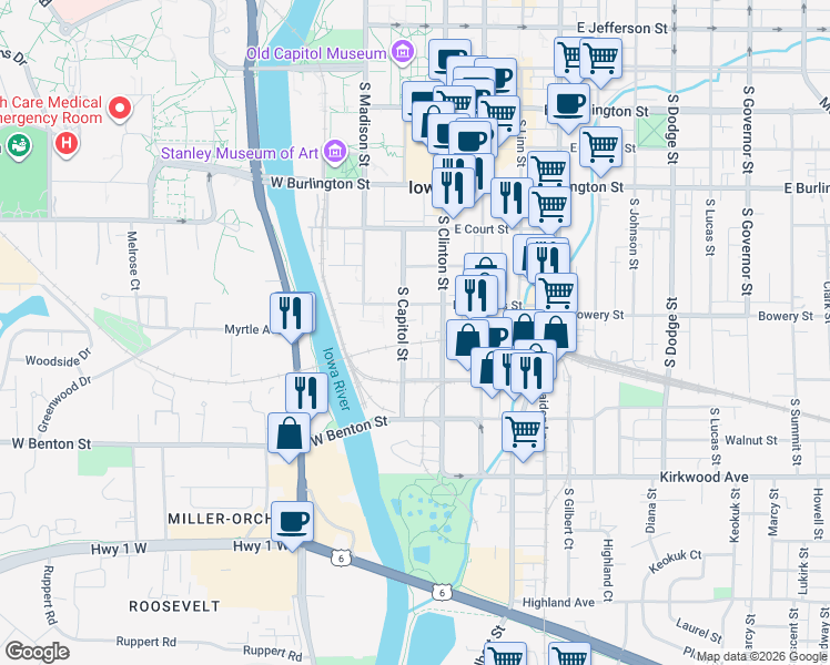 map of restaurants, bars, coffee shops, grocery stores, and more near 639 South Capitol Street in Iowa City