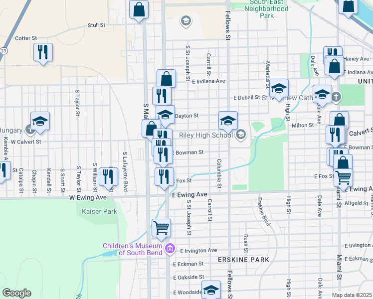 map of restaurants, bars, coffee shops, grocery stores, and more near 143 East Bowman Street in South Bend
