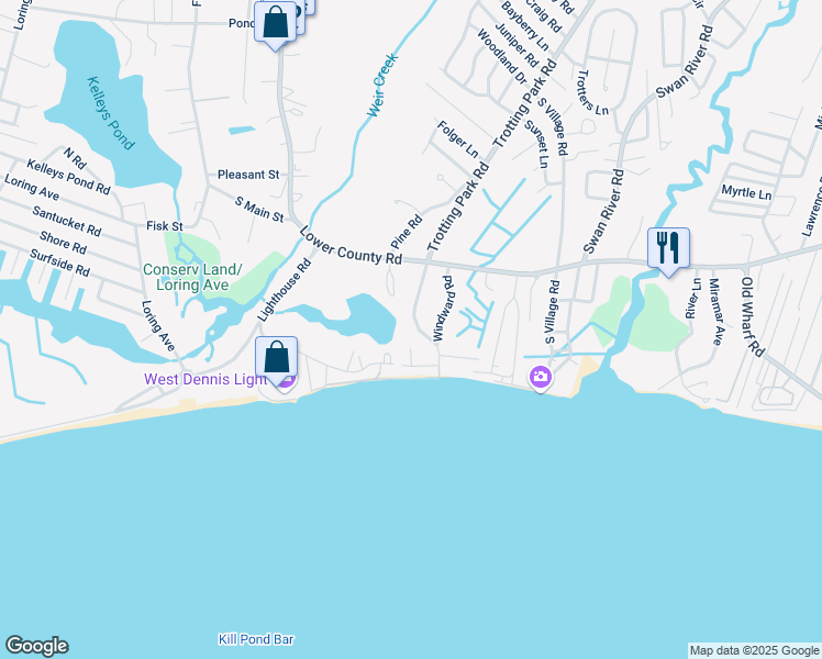 map of restaurants, bars, coffee shops, grocery stores, and more near 13 Trotting Park Road in Dennis