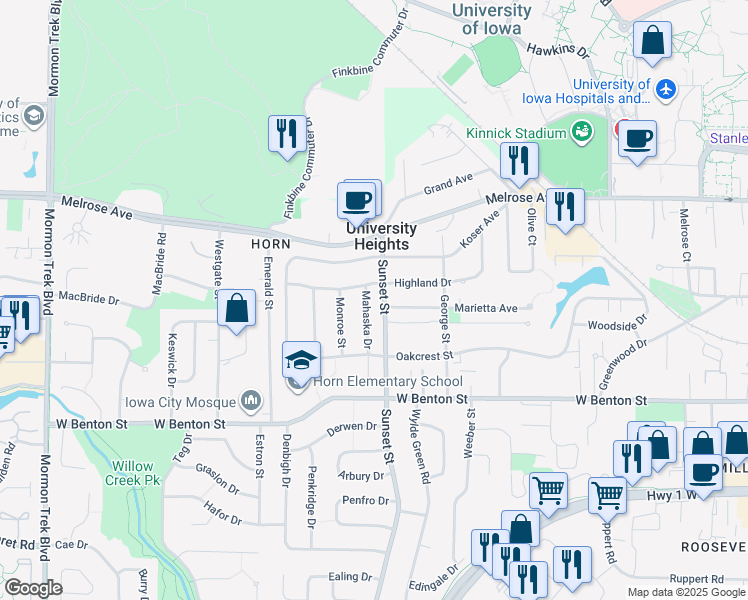 map of restaurants, bars, coffee shops, grocery stores, and more near 206 Mahaska Drive in Iowa City