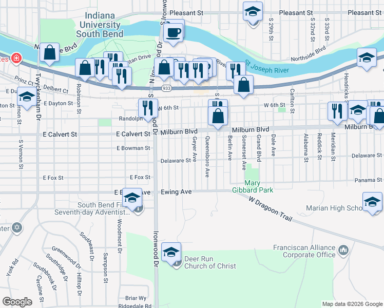 map of restaurants, bars, coffee shops, grocery stores, and more near 817 Geyer Avenue in Mishawaka