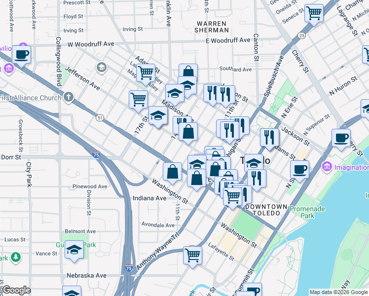 map of restaurants, bars, coffee shops, grocery stores, and more near in Toledo