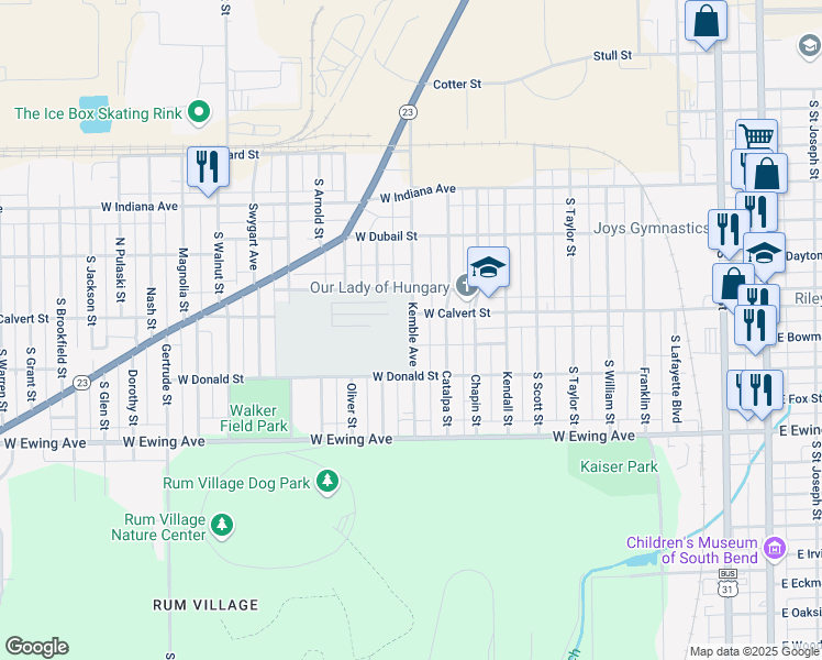map of restaurants, bars, coffee shops, grocery stores, and more near 1901 Kemble Avenue in South Bend