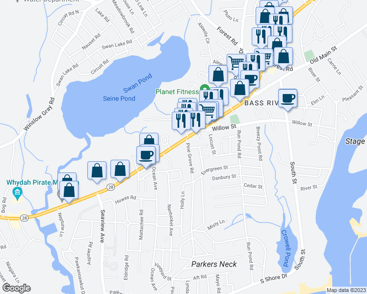map of restaurants, bars, coffee shops, grocery stores, and more near 897 Massachusetts 28 in Yarmouth