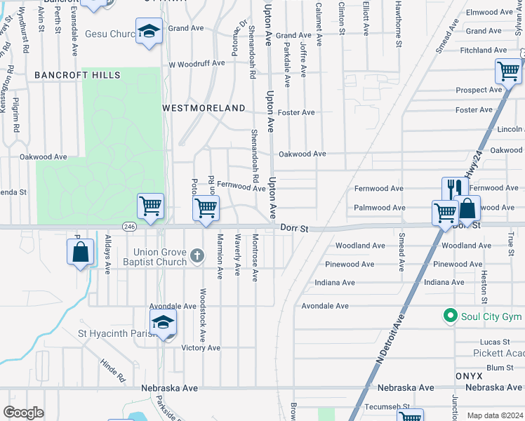 map of restaurants, bars, coffee shops, grocery stores, and more near 1330 Shenandoah Road in Toledo